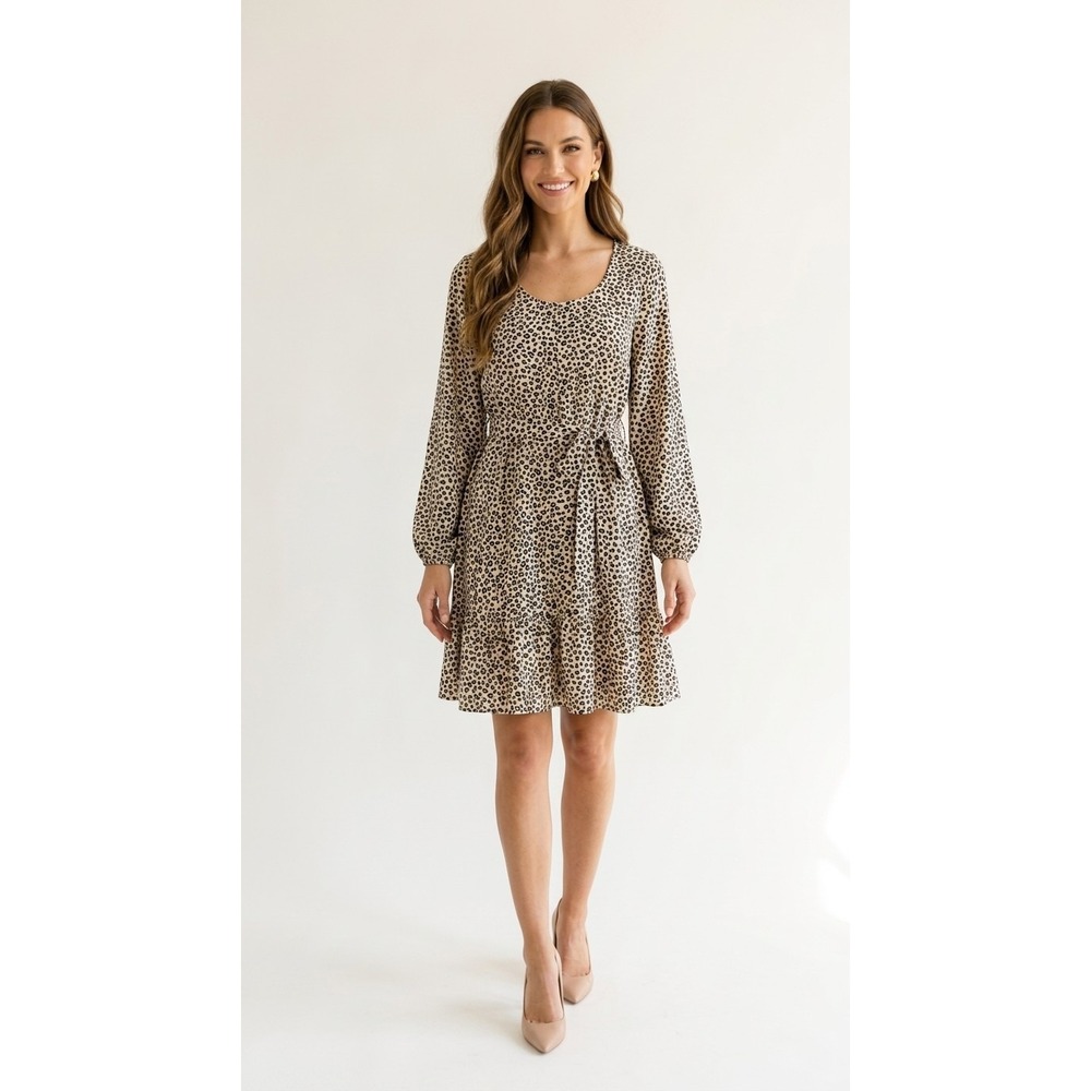 Urban Rose Leopard Print Mini Dress Long Sleeve Ruffled Skirt Women's Medium